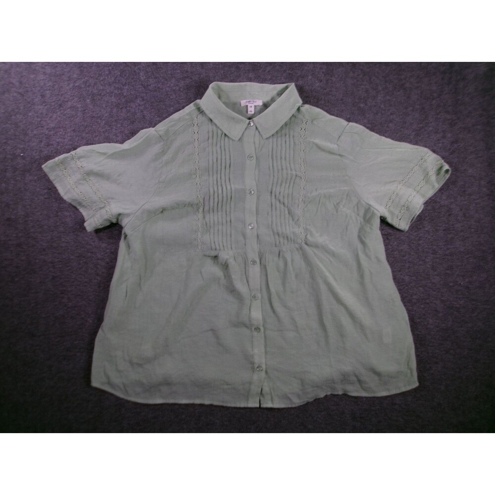 COMO BLU Top Womens 1X Pintuck Lace Trim Short Sleeve Button Up Collared Green